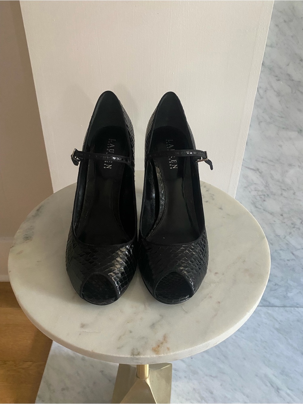 Lauren Ralph Lauren Black Peep-Toe Snake Skin Mary Jane Heels